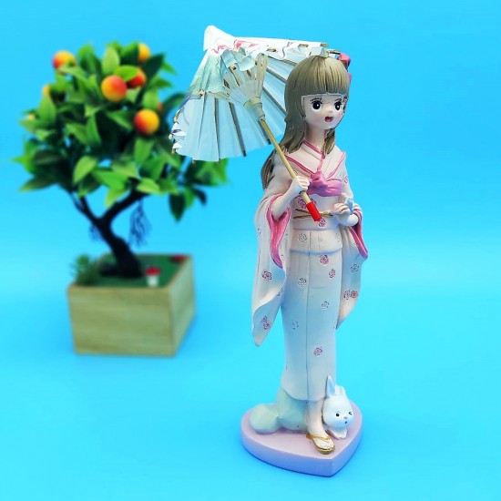 Dekoratif Şemsiyeli Japon Kız Ve Tavşan Biblo