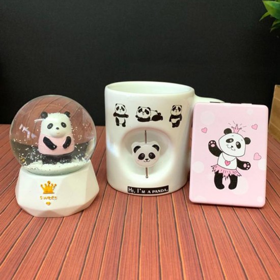 Panda Temalı Dekoratif Stres Kupa Orta Boy Kar Küresi Ayna Seti