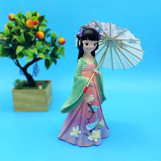 Dekoratif Şemsiyeli Kuş Desenli Elbiseli Japon Kız