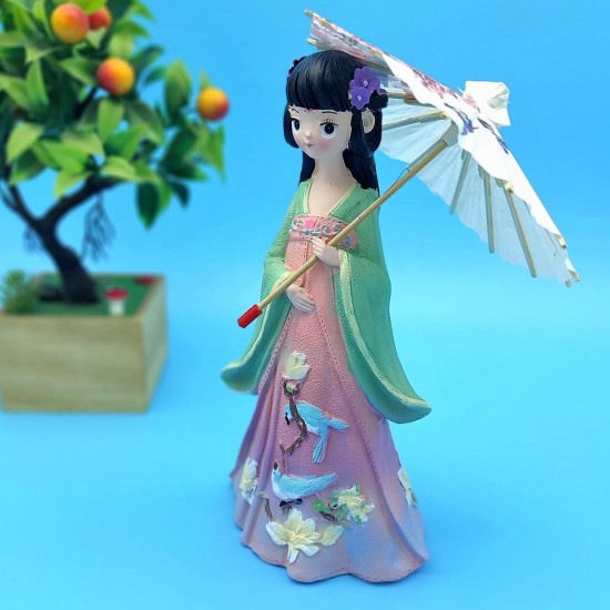 Dekoratif Şemsiyeli Kuş Desenli Elbiseli Japon Kız