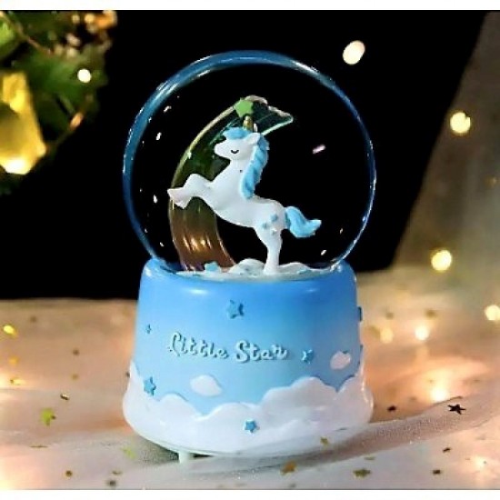 Küçük Yıldız Unicorn Mavi Renk  Işıklı Müzikli  Kar Küresi 