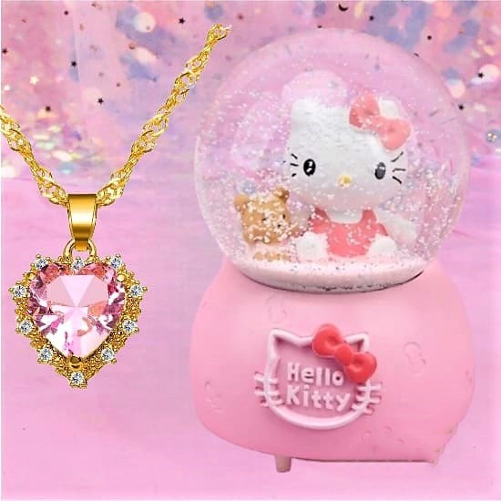 Hello Kitty  şıklı Müzikli  Kar Küresi Ve Pembe Taşlı Kolye
