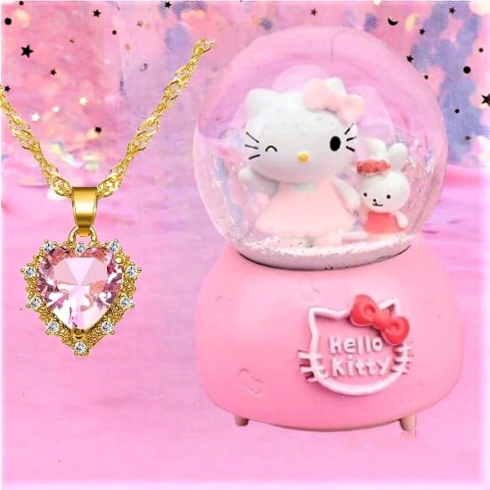 Hello Kitty  şıklı Müzikli  Kar Küresi Ve Pembe Taşlı Kolye