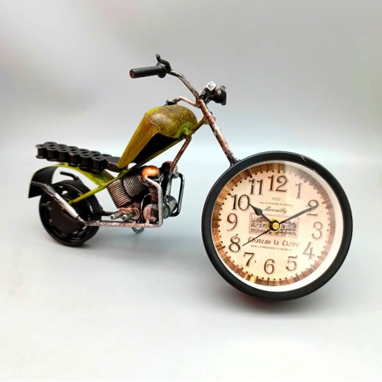 Dekoratif Hediyelik  Metal Motosiklet Tasarımlı Ferforje Saati Yeşil 