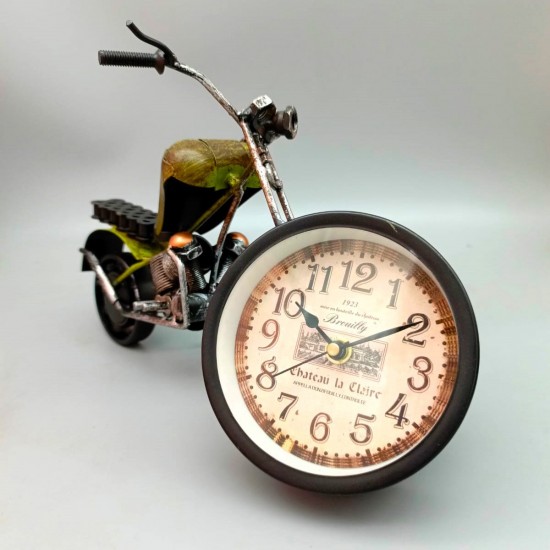 Dekoratif Hediyelik  Metal Motosiklet Tasarımlı Ferforje Saati Yeşil 