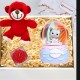 Kedili Otomatik Renk Değiştiren Işıklı Müzikli Kar Küresi & Peluş Ayıcık Ve Lotus Mum Özel Kutulu He
