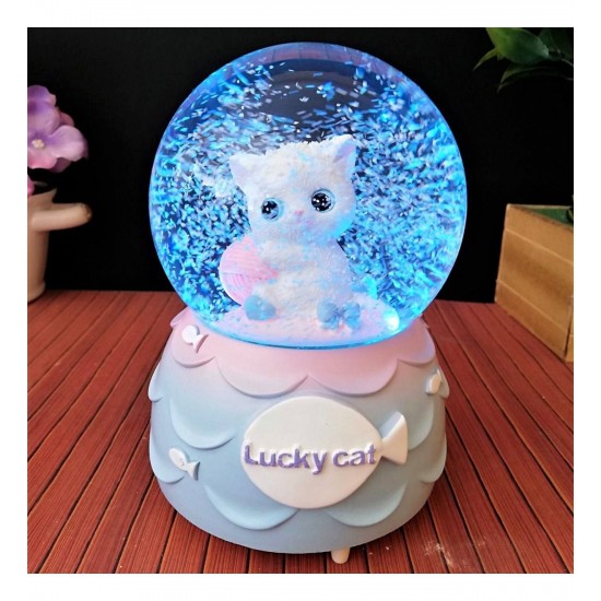 Kedili Otomatik Renk Değiştiren Işıklı Müzikli Kar Küresi & Peluş Ayıcık Ve Lotus Mum Özel Kutulu He