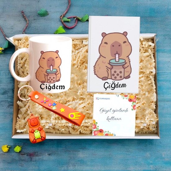 Kişiye Özel Capybara  kupa Bardak Defter & Anahtarlık hediyesepeti Capybara Seti