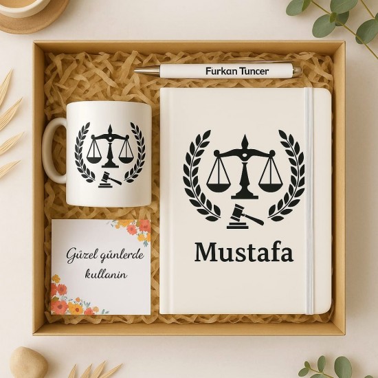 Kişiye Özel Beyaz Avukat Defter Kupa Bardak Kalem Kutulu Hediye Seti