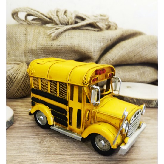 Nostaljik Dekoratif Metal Araba Sarı Okul Servisi Otobüs